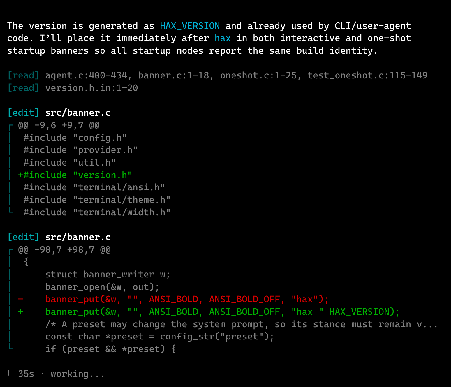 hax editing src/banner.c: a diff that adds the build version to the banner